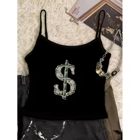 Dollar Sign Money Bill Print Cami Tank Top Women Hip Hop Y2K Spaghetti Strap Black Cropped Camisole 