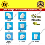 40mm UPVC Pipe Fitting Connector Sambungan Paip Putih Elbow Tee Socket Bush PT Elbow PT Socket for 4