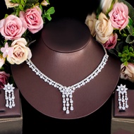 CWWZircons 2 Row Cubic Zirconia Water Drop Tassel Wedding Bridal Pageant Necklace and Earrings Luxur