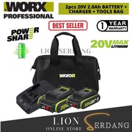 [WORX ACCESSORIES] 2PCS WORX WA3593 20V 2.0AH BATTERY + 1PC WORX WA3924 20V CHARGER + WORX TOOLS BEG