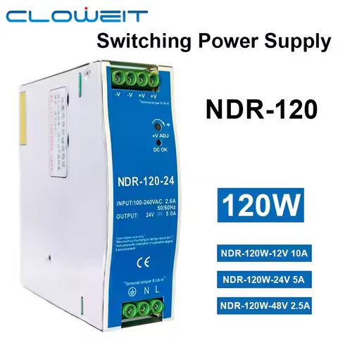 Cloweit 12V 24V 48V NDR120W 100-120VAC/180-240VAC Industrial DIN Rail Mounted AC TO DC Single Output