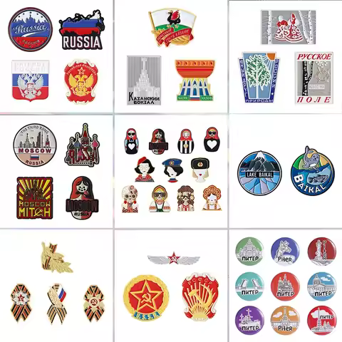 2-9Pcs/Set Russian Collected Enamel Pins Russian Patriotic Flag National Costume Matryoshka Cathedra