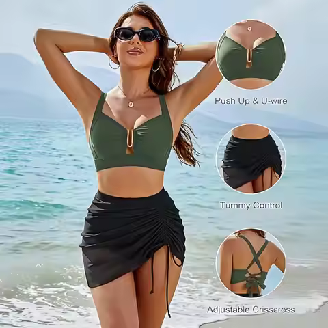 Women Bikini Skirt Padded Bikini Top Women Two Piece Bikini Set with U-wire Push-up Top Drawstring T