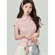 Taiwan Shipping Shirt Women Pink Shoulder Short-Sleeved Summer Korean Style Design Feel Temperament 