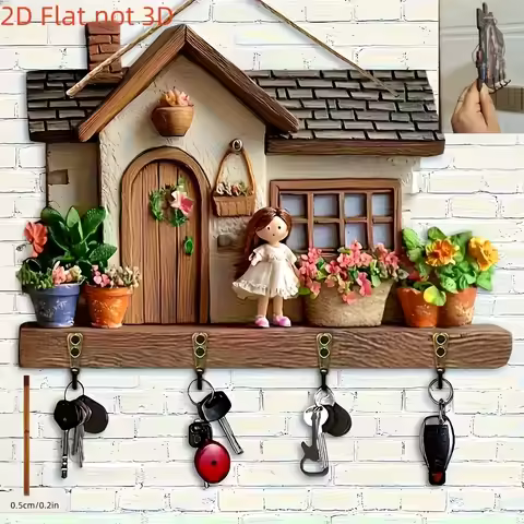 2D Flat Cute Villa Wooden Key Rack/4 Hooks & Screwdriver/Wall Hanging, Porch, Seasonal Home Ornament