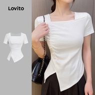Lovito Casual Tshirt Asymmetrical Ruched Spring/summer White Tshirt for Women L178ED209 Lovito  Baju