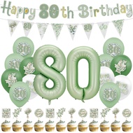 28Pcs Eucalyptus Leaves Birthday Party Balloon Set, Age 80 and Others,Number Balloon, Banner, Cake T