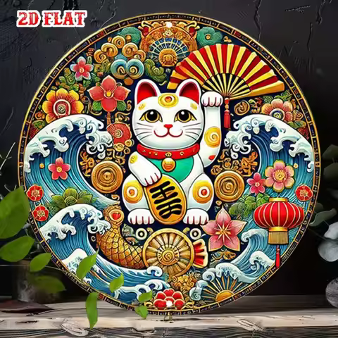 Japanese Style Lucky Cat Metal Sign - Colorful Round Aluminum Wall Decor for Home Garage Restaurant 