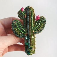 Cactus Saguaro Brooch Handmade Beaded Embroidered Emerald green Pin