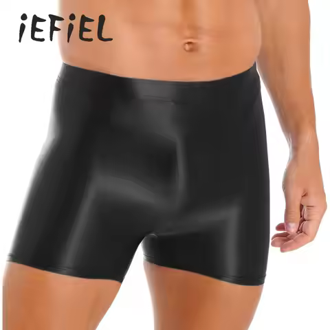 Mens Glossy Shorts Swimsuit Swimwear Stretch Mid Waist Bulge Pouch Trunks Short Leggings Beach Brazi