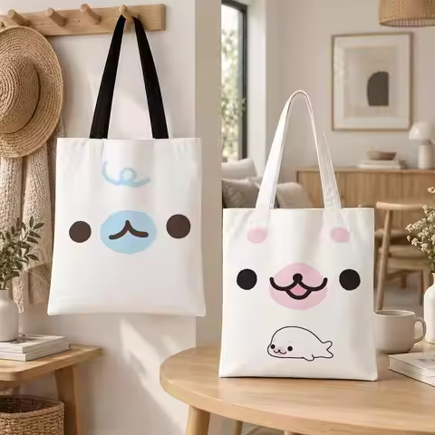 Kawaii Cartoon Mamegoma Storage Bags Storage Bags Canvas for Women Reusable Shoulder Shopping Bag fo