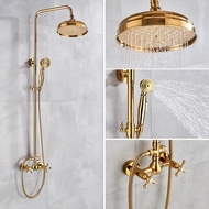 Luxury Gold Brass Bathroom Shower Faucet System Set 8 Inch Rainfall Shower Head Handheld Spray Dual Handle Mixer Tap ZD3081