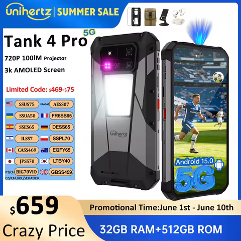 Unihertz Tank 4 pro 8849 Smartphone Android 14 with 720P Projector 5G AI Dimensity 8300 1TB ROM 3K A