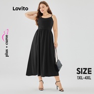 Lovito Plus Size Curve Casual Plain Ruched Dress for Women LPS09072 (Black)