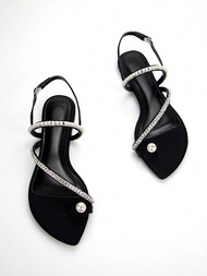 女性優雅黑色萊卡布料性感鑲鑽珍珠細帶時尚心形頭日常聚會平底夾腳拖鞋