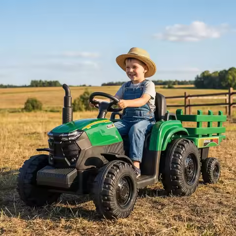 Kids Electric Ride On Tractor 12v Battery-Powered 4 Wheels Ride On Car with Trailer 3-Gear-Shift/LED