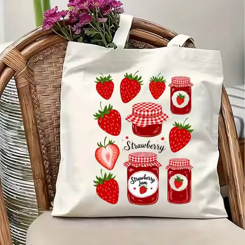 strawberry Jam Print Canvas Tote Bag - Reusable Shopping Bag with Cute Strawberry and Jam Jar Design