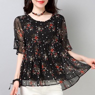 🍄Ready Stock⚡Shirt Chiffon Short Sleeve Plus Size Women Floral Loose Korean Style Blouse Bunga Labuh Murah Muslimah Baju Kemeja Perempuan Women Clothes Blause Wanita