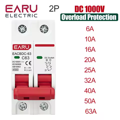 DC 1000V Solar Mini Circuit Breaker Overload Protection Switch 6A/10A/16A/20A/25A/32A/40A/50A/63A 2P
