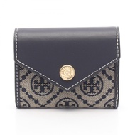 【二手】Tory Burch T字圖案信封式三折錢包，貨號165029405，海軍藍帆布皮革三折錢包，女士款