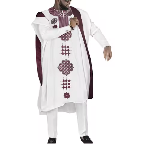 H&D Embroidered Dashiki Agbada Men African Traditional Clothes Ankara Outfit Cover Shirt Pants 3 PCS