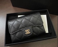 （可簽卡）大全套Chanel 經典荔枝皮cf 黑色金扣卡包