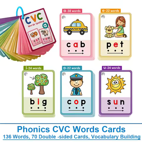 Kids CVC Words Learning Cards ESL Teaching Materials for Toddlers Sight Words Teaching Aids Vocabula