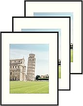 Set of Three - 11x14 Black Aluminum Frame - Ivory Mat for 8x10 Photo - Wall Mounting - Swivel Tabs, Spring Clips, Sawtooth Hangers - Aluminum Metal - Landscape/Portrait - Real Glass (Black - Set of 3)