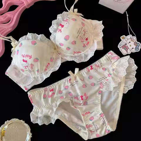 Kawaii Hello Kitty Lingerie Set for Women - Pink & White Balconette Bra & Panty Set Cute Comfortable