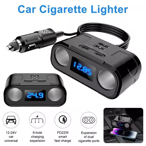 QC3.0 USB Car Charger 2 Type-C+2 USB Blue LED Digital Display 22W DC 12V-24V Dual USB Power Adapter 