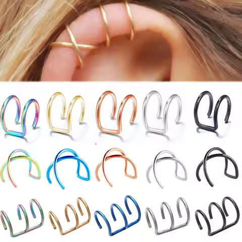 2PCS Stainless Steel Fake Ear Piercing Cartilage Earring Set Clip On Fake Tragus Piercing Earring Ea