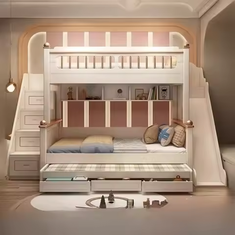 135x190cm Wood Mattress Bunk Bed with Slide Ladder King Size Frame 3 Drawers Storage Kids Loft Bed Q
