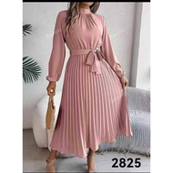Womens Casual Plain Solid Color Long Sleeve Bishop Sleeve Elegant Ribbon Waist Pleated Dress