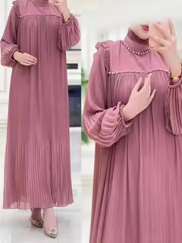 Turkey Muslim Beads Pleated Dress Women Abaya Ramadan Eid Mubarak Kaftan Dubai Vestidos Islam Pakist