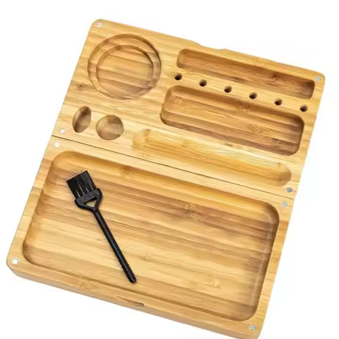 Bamboo Rolling Tray Backflip with Cleaning Brush for Pre Rolled Cones Grinders Tray Console Wooden F