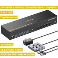 KVM Switch 3/4 Monitors 5/4 Computers HDMI+DisplayPort 8K@30Hz/4k@144Hz Triple/Four Monitor KVM for 
