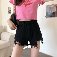 破洞牛仔熱褲女裝春夏新款 港風顯瘦高腰闊腿A字褲 大碼女裝- 黑色 S