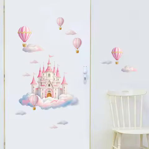Pink Castle on the Cloud Pink Hot Air Balloon Room Decoration Door Stickers Bedroom Living Room Deco