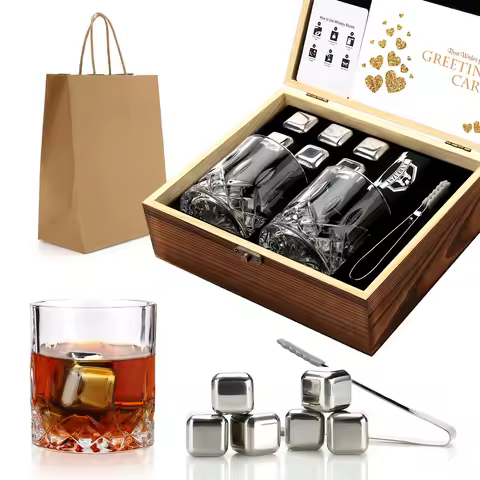 Whiskey Stones and Glasses Set, Steel Ice Cubes for Whisky, Whiski Chilling Rocks in Wooden Box, Gif