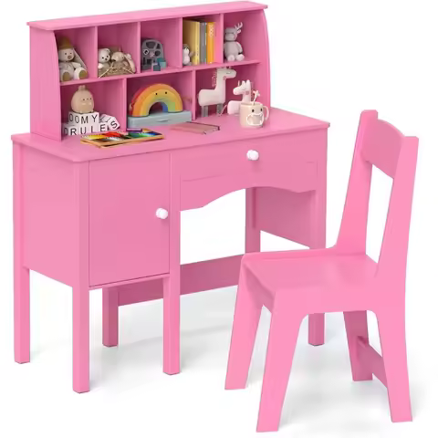 Kids Desk and Chair Set, Wooden Children School Study Table and Chair w/Drawer, Hutch, Storage Shelv