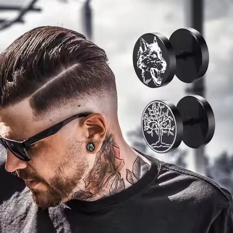 Street Hip Hop Rock Wolf Tree of Life Stud Earings for Men, Stainless Steel Screw Dumbbell Earrings