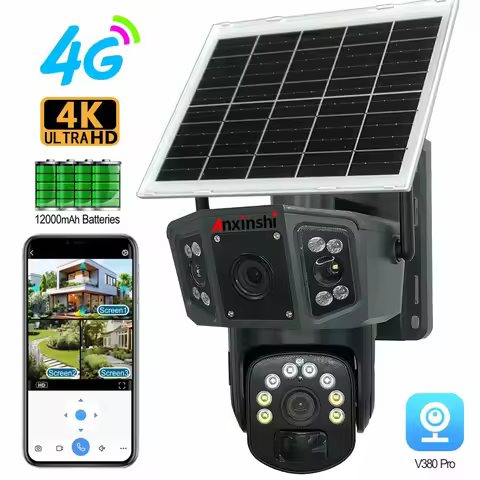 Anxinshi 4K 12MP Outdoor Solar Panel Camera With Battery Wireless 4G WiFi PTZ 3 Lens 3 Images PIR De