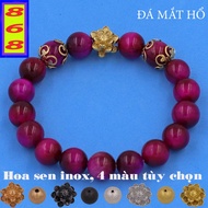 Red Pink Tiger Eye Stone Bracelet 8mm, 10mm, 12mm, 14mm Stainless Steel Lotus Charm - Feng Shui 868