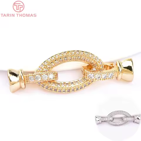 (6382) 2PCS 12x37.5MM 24K Gold Color Brass with Zircon Bracelet Connector Clasp High Quality Diy Jew