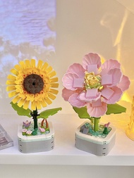 สร้างบล็อกช่อดอกไม้ของขวัญมือไม้อวบน้ำประกอบรูปภาพของเล่นเด็กผู้หญิงทำด้วยมือ diy เครื่องประดับดอกทานตะวัน