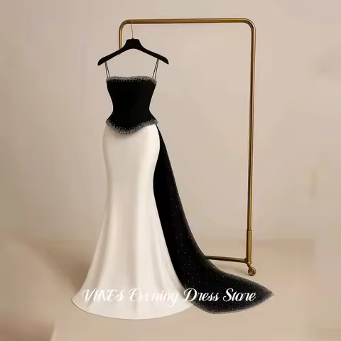 VINES Black and White Evening Dress Spaghetti Straps Party Dress Mermaid vestidos de fiesta Beaded T