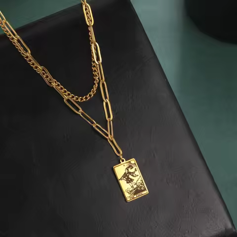 Lemegeton Vintage Double Layered Tarot Necklace Mysterious Astrology Charm Pendant Good Luck Talisma