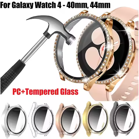 Glass+Case for Samsung Galaxy watch 4 44mm 40mm Accessories Bling Diamond PC bumper Shell +Screen pr