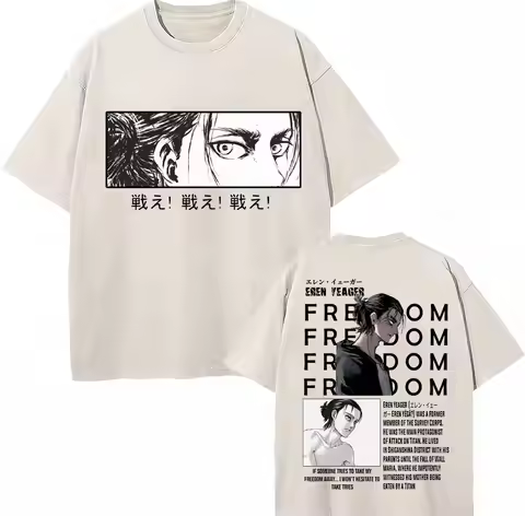 Washed Anime Attack on Titan Eren Yeager T Shirt Men Women Fashion Vintage Manga T Shirts Casual Cot