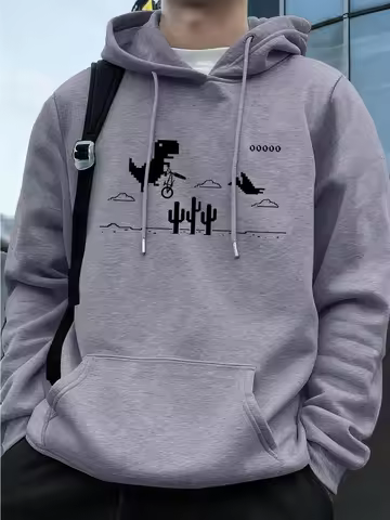 Dinosaurs Over Cactus Printing Mens Hoodie Autumn Pocket Sweatshirts Basics Fleece Warm Loose Pullov